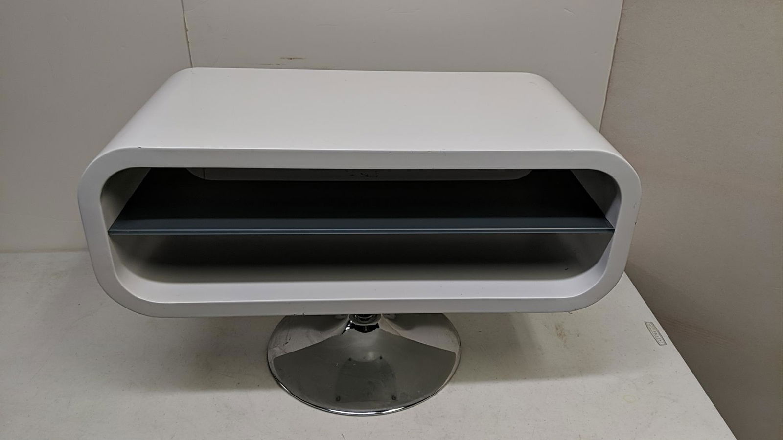 Vintage Modern Space Age style table tulip base: high gloss white with chrome base could be used as a media cabinet 31 1/2" W x 15 3/4" D x 20" T