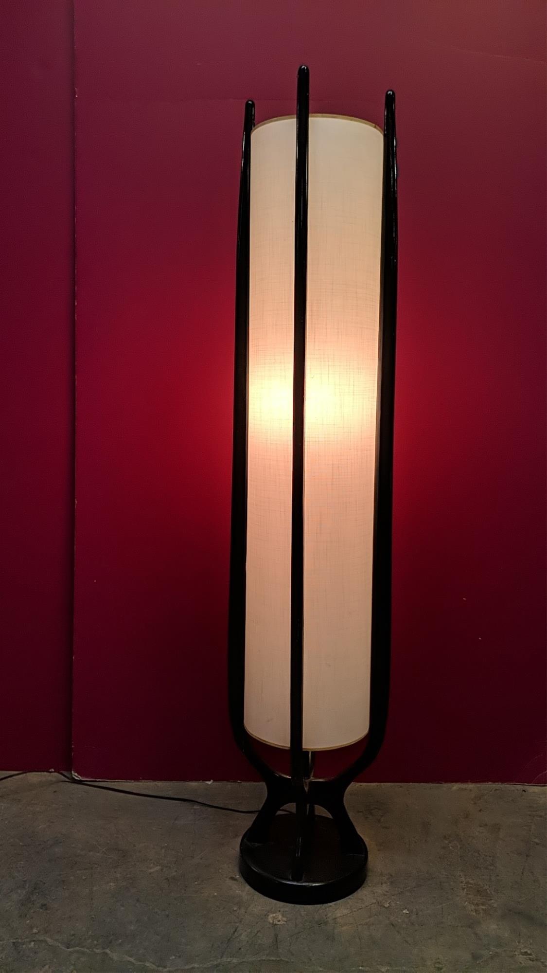 Modeline Mid Century Modern Floor lamp: 60" T frame is made of wood and painted black base is 12" diameter Adrian Pearsall style lamp, great condition!