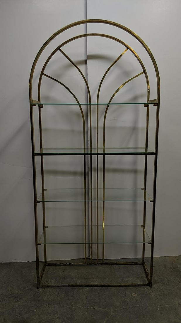 Contemporary brass & glass diaplay shelf: some corrosion on brass bottom and sides 71 1/2" T x 33" W x 12 1/2" D
