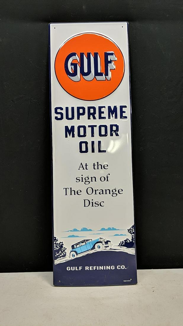 Gulf Supreme single sided metal sign: good condition 41 1/2" T x 12 3/4" W
