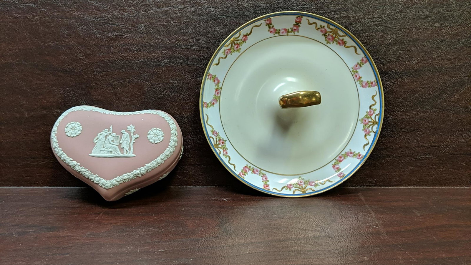 Vintage Pink Wedgewood box & Nippon Tid Bit tray: trinket box is heart shaped and nippon tray is handpainted both are in good condition