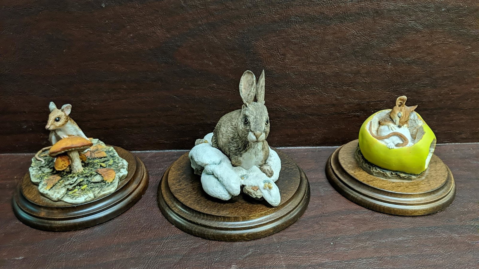 3 animal figurines on plaques: 1 rabbit by Gorham 5 1/2" , 2 mouse figurines measureing 4 1/2"