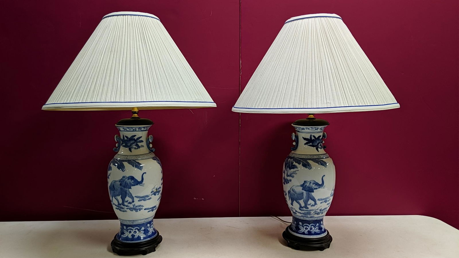 pair porcelain Blue elephant lamps (1 of 2)