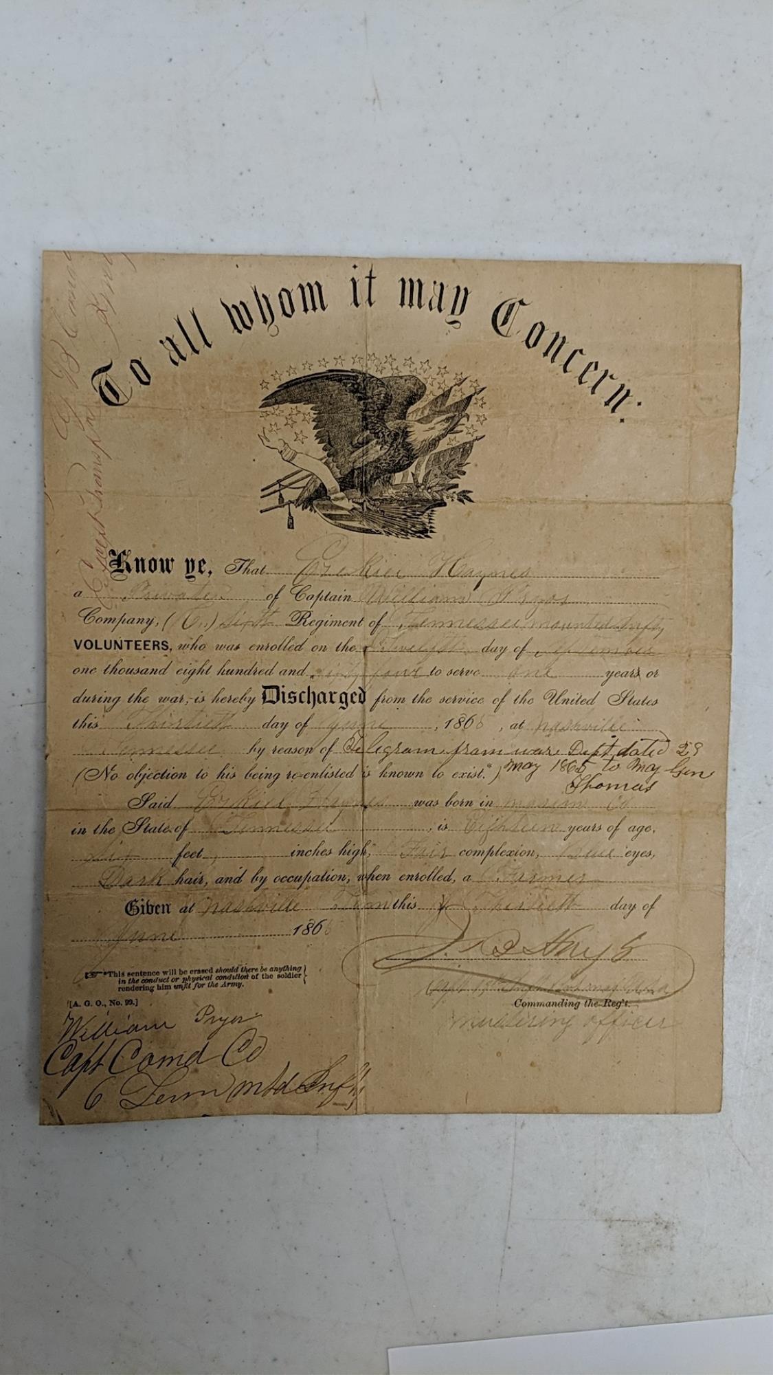 Discharge papers for Captain Ezekiel Haynes: Tennessee Discharged 13, June 1866 at Nashville, Tennessee, received by telegraph 28, May 1865 from War Department Was a Farmer by trade before in listing