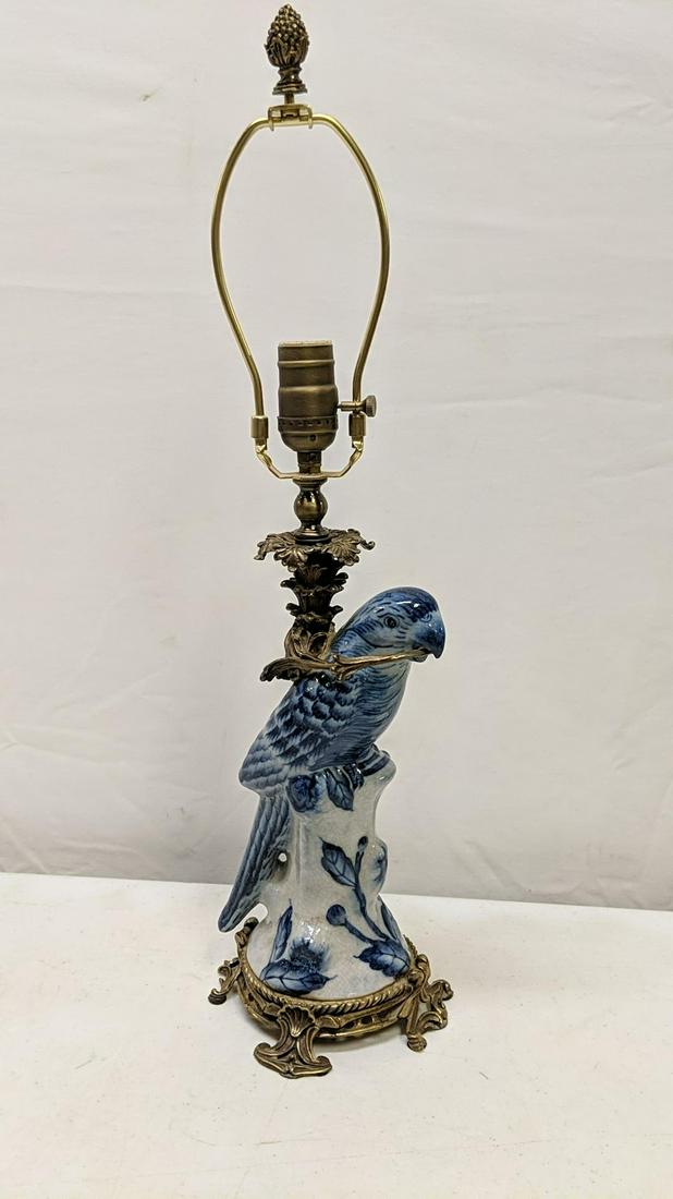 Vintage Tall Asian Ceramic Parrot table lamp: includes shade all of metal is bronze ormolu Factory Crazing base is mark with Oriental Accents mark