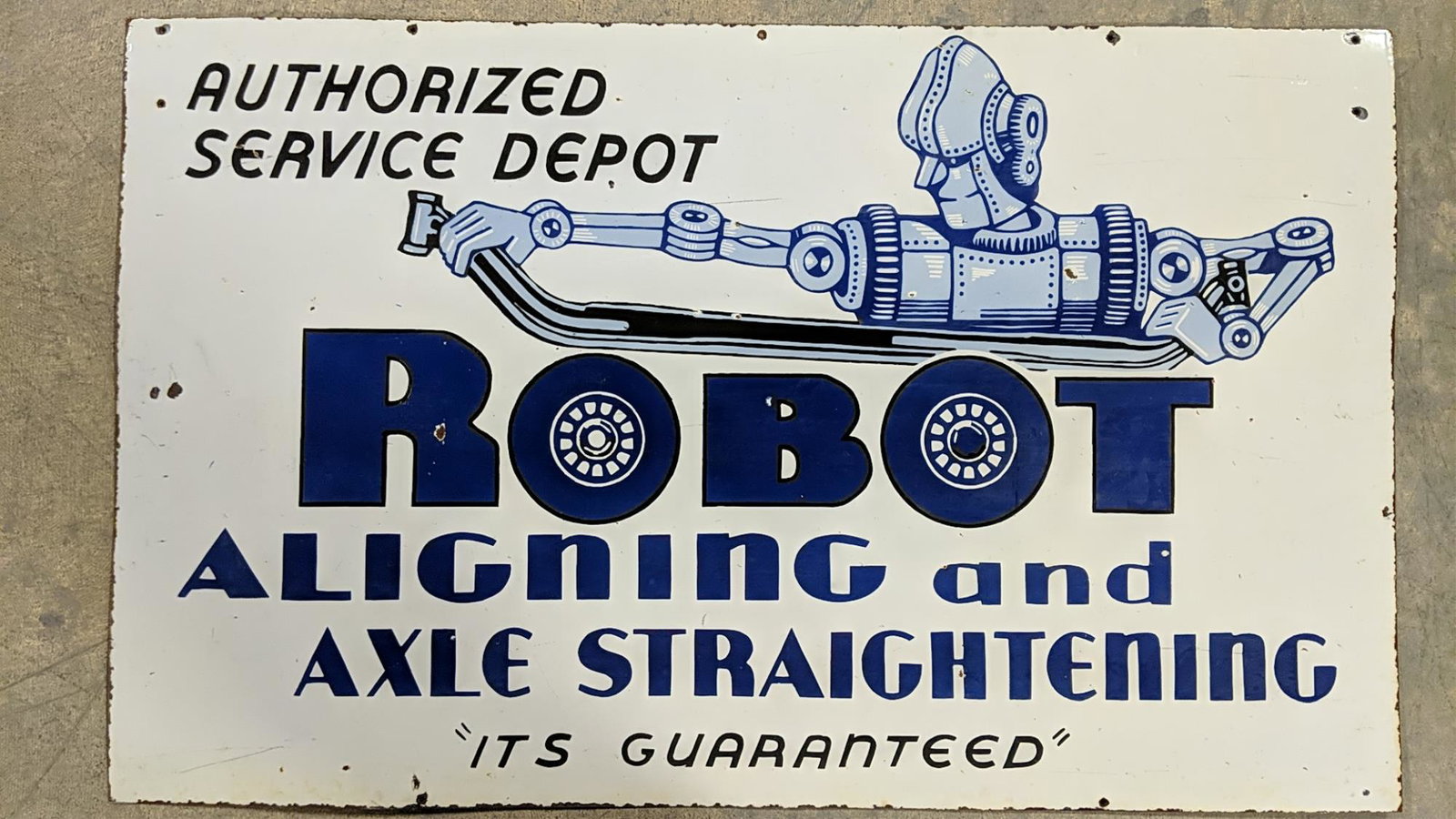 Porcelain Robot Alignment Double Sided sign: some dings and corrosion 59 1/2" x 36 1/2"
