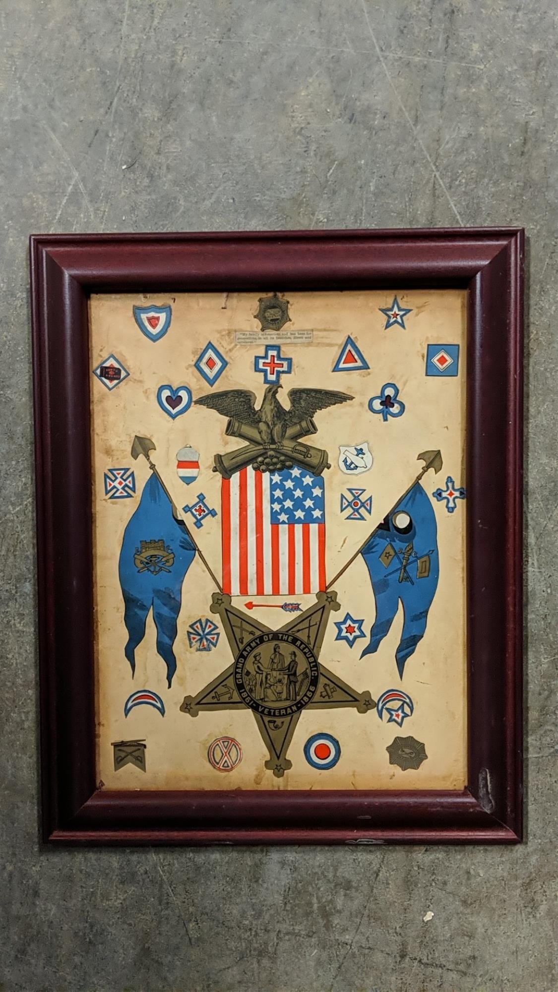 Civil War Union Army Corps Antique Collage: Badge, Insignia, Gar, Flags, Symbols framed in clear plastic 18 1/2" x 15" over all measurements