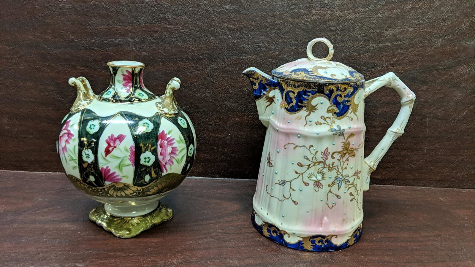 2 pieces of antique Nippon: Vase which is 6 1/4" T and a chocolate Pot which is 7 1/4" T good condition