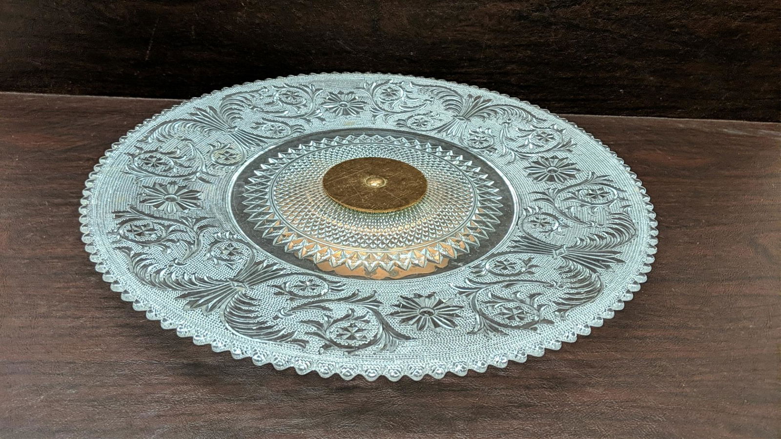 Vintage Sandwich glass lazy susan: base is copper 16" diameter good condition