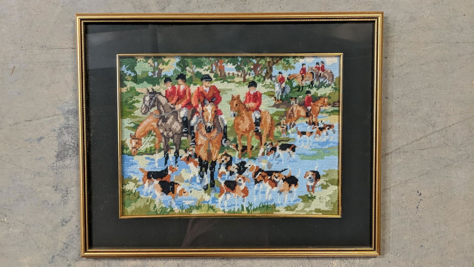Framed needlepoint fox hunt scene (1 of 2)
