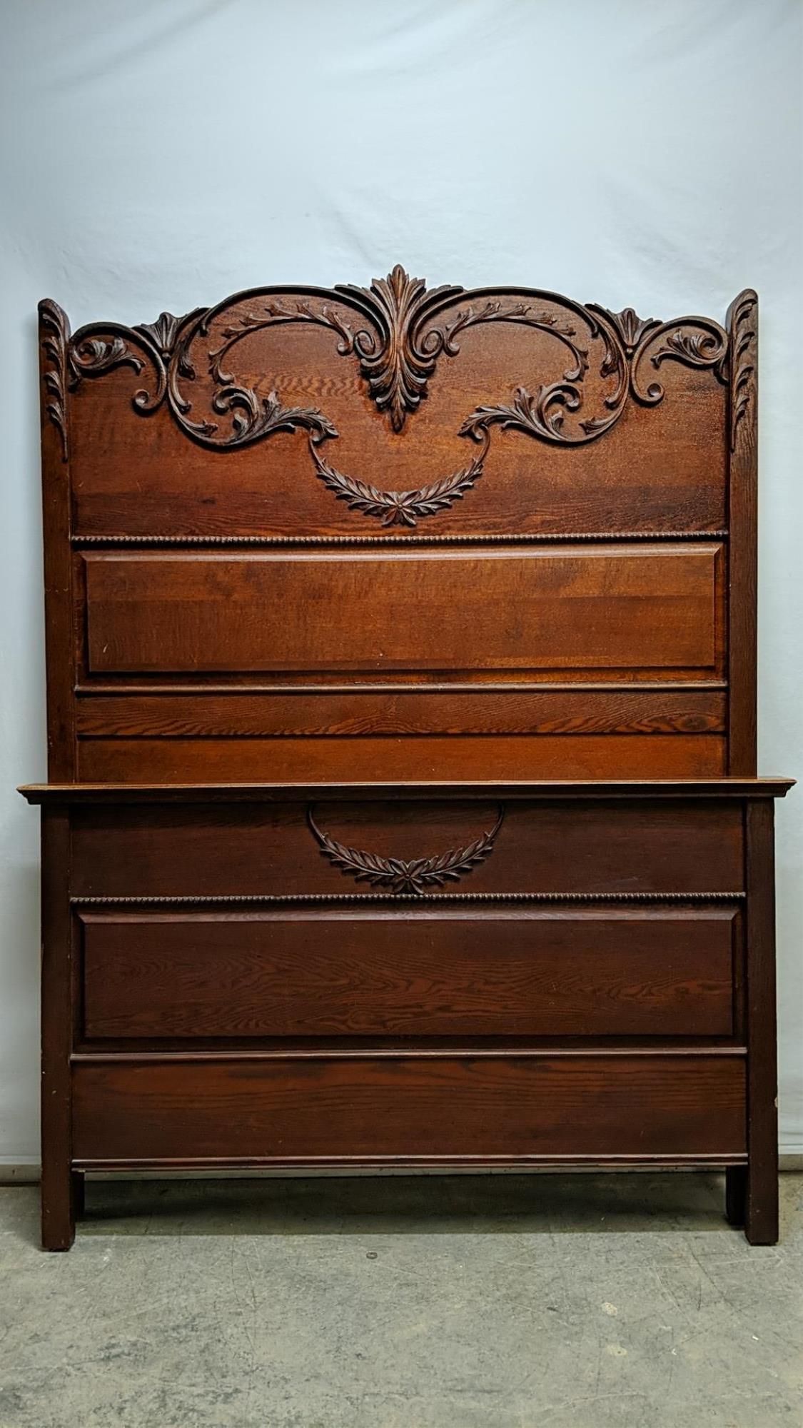 Antique Tall oak bed with wood rails: raised panels mostly quarter sawed oak bed is 57" W x 77" T