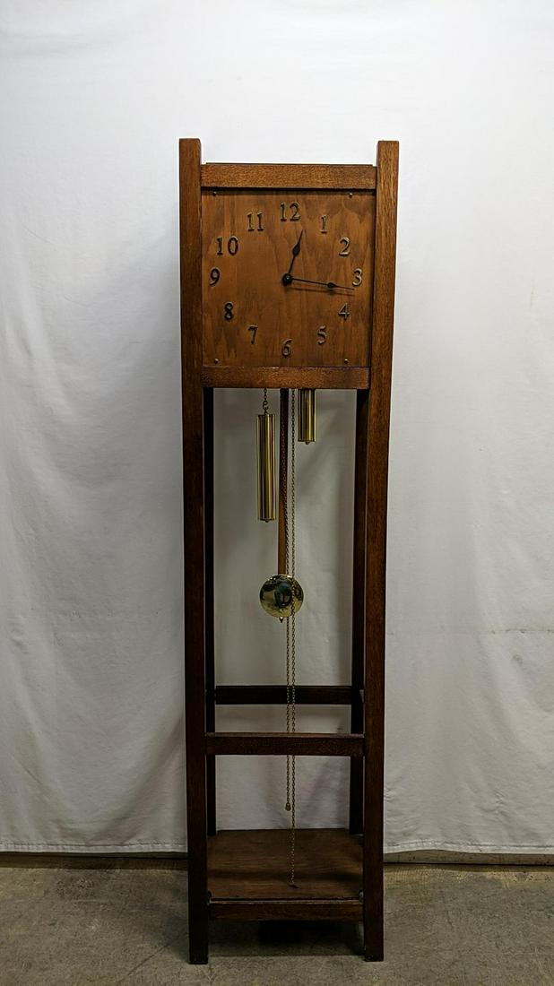 Grandfather weight driven mission style clock: good condition 71" T x 17 1/4" W x 12 1/2" D