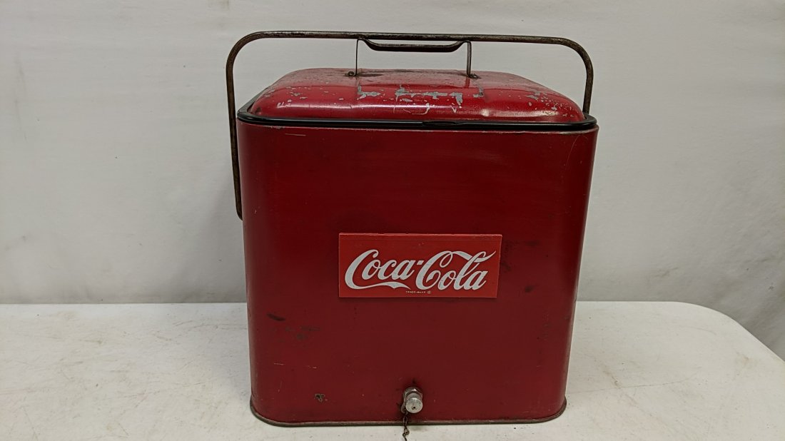 Vintage Coca Cola Picnic Cooler with tray: 16" T x 12" D x 14 1/2" W some scratches NOT rusted out
