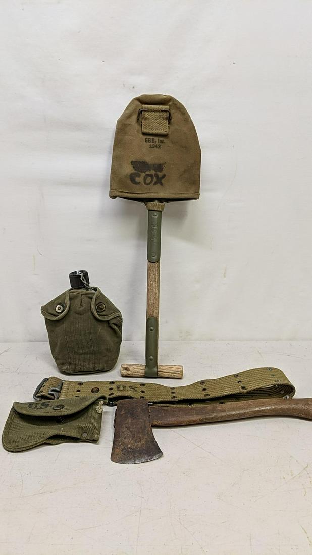 US Army shovel, belt and hatchet cover: Hatchchet and canteen not marked US