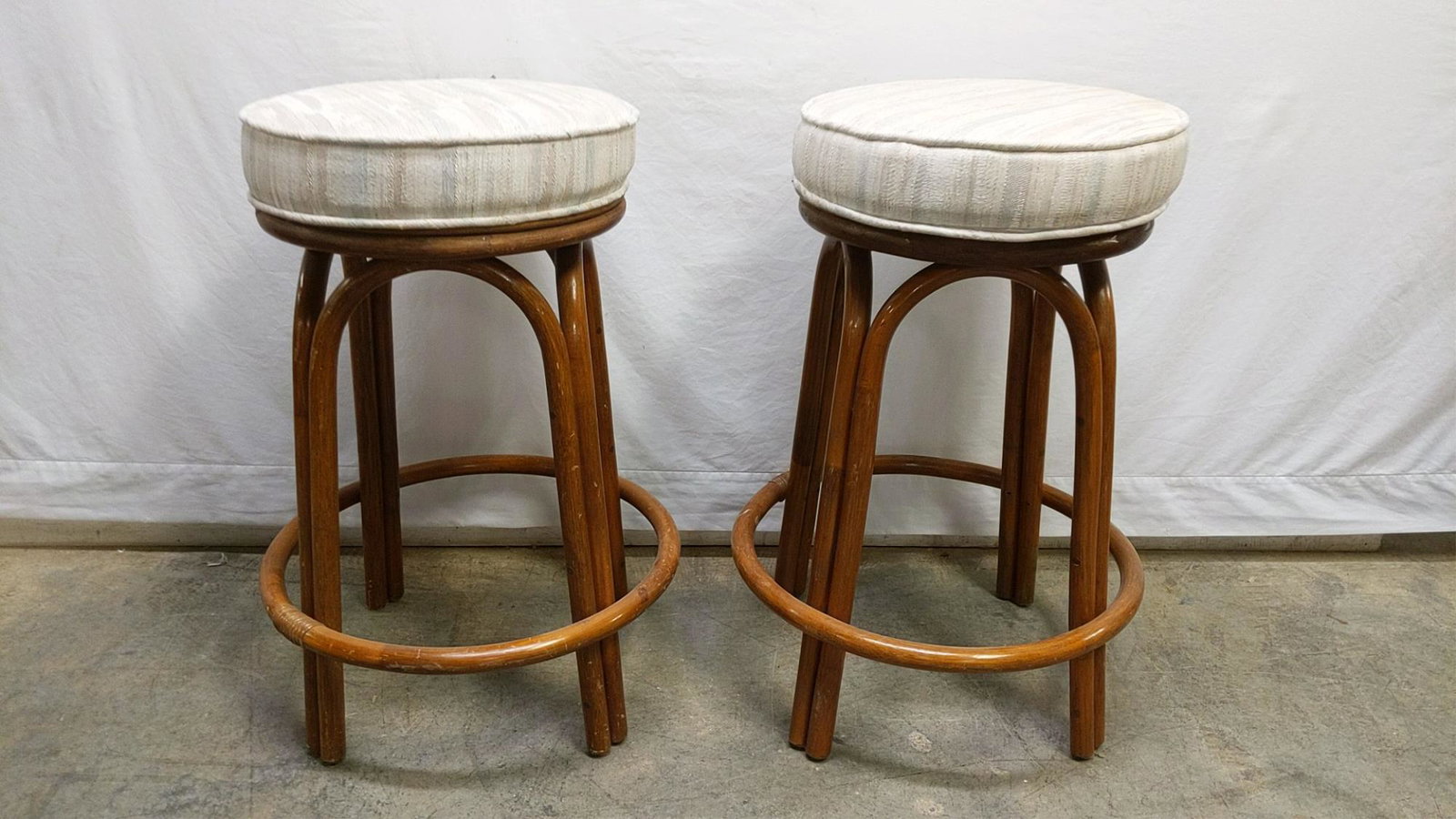 2 Vintage Bamboo base swivel seat bar stools: good condition