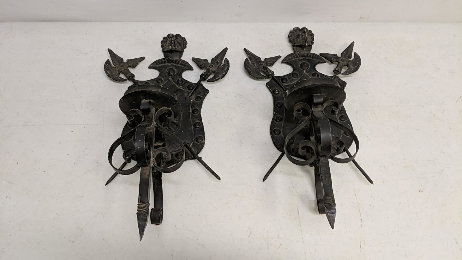 pair of medieval style sconces: electric but can use candles 20" L x 12" W used