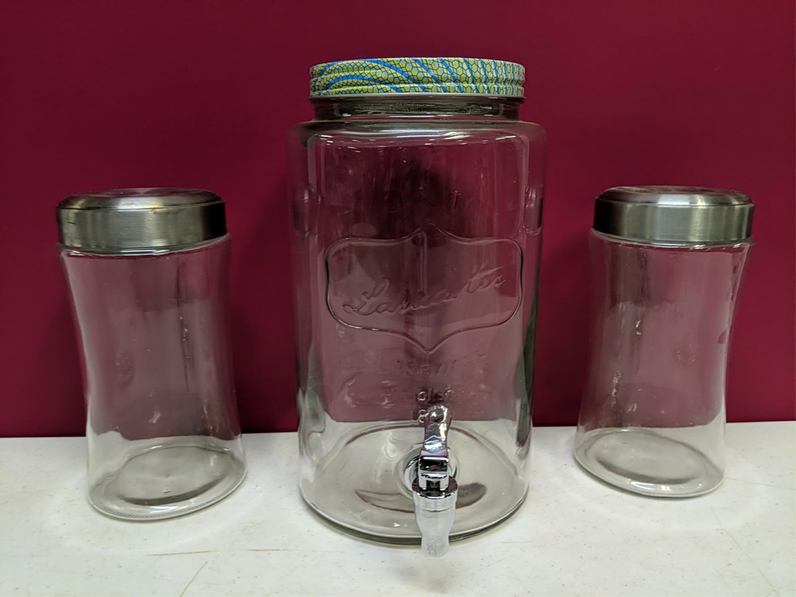 1 1/2 Gallon Lancaster Dispenser & 2 canisters: with lids good condition 12" T & canisters 9" T