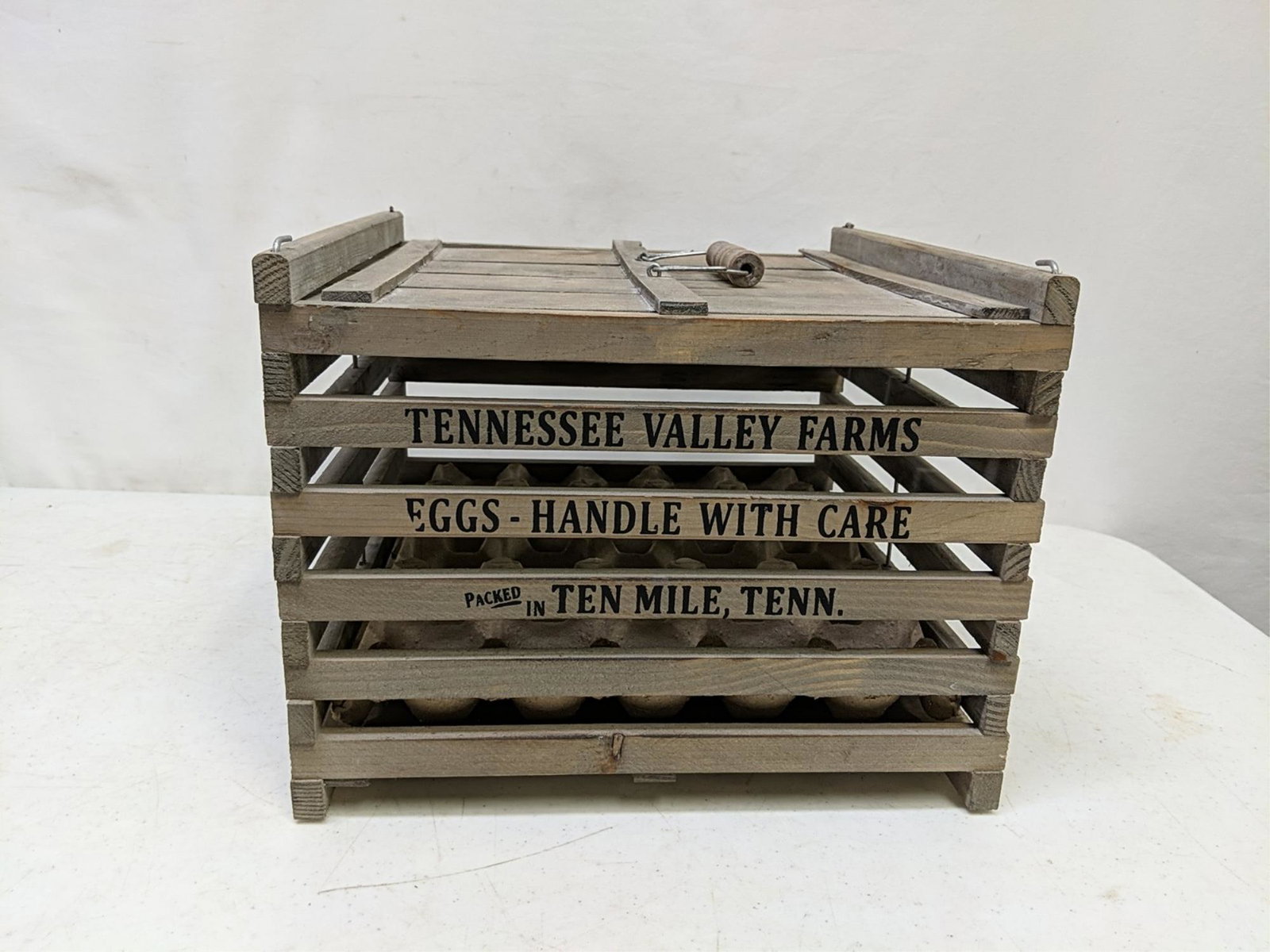 wooden egg crate - Tn. Valley Farms, Ten Mile, Tn: 12 3/4" sq. x 10" T