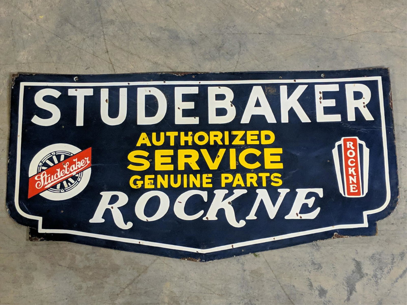 Studebaker Rockne double sided porcelain sign: 24" x 48" some dings and corrosion & scuff marks but overall good condition