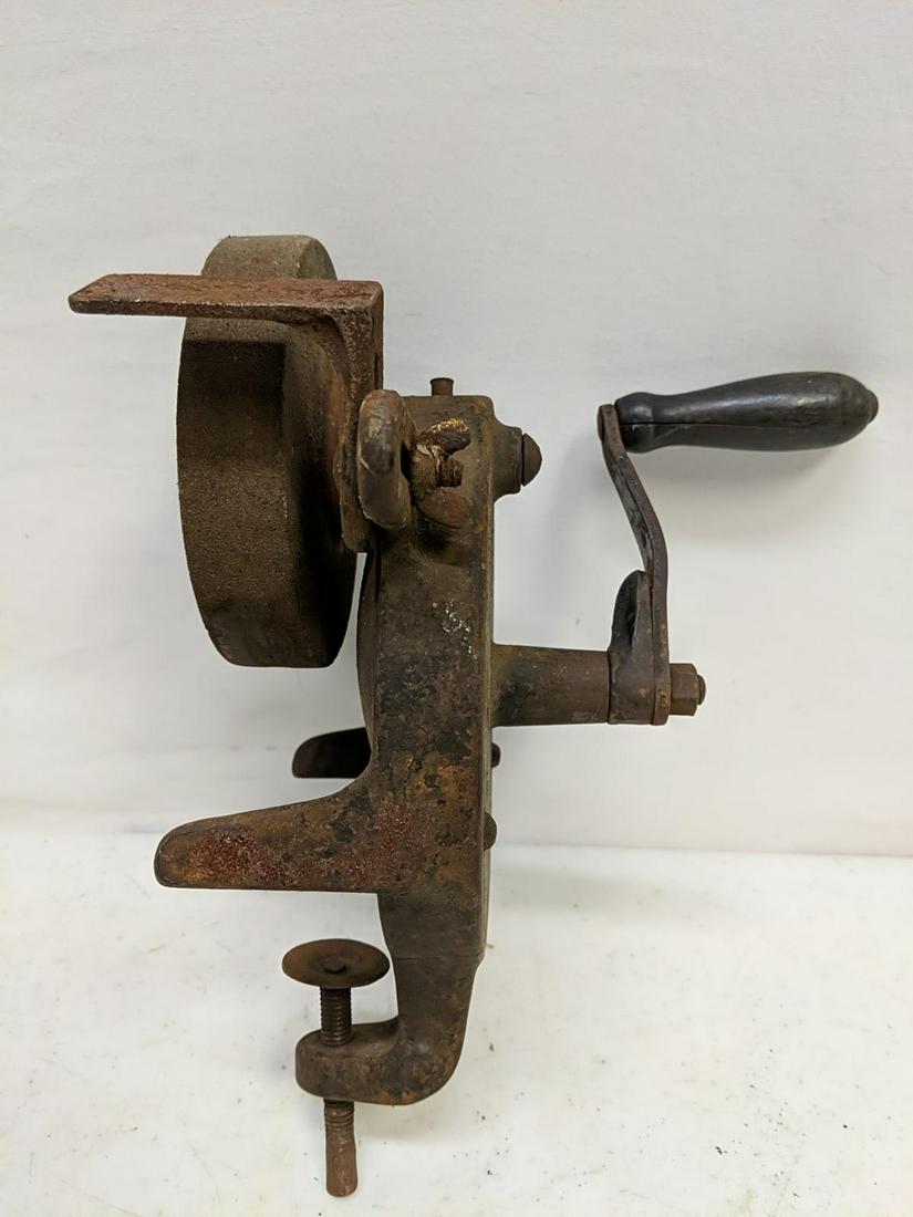 Antique hand crank table mount grinder: 10" L x 8" W