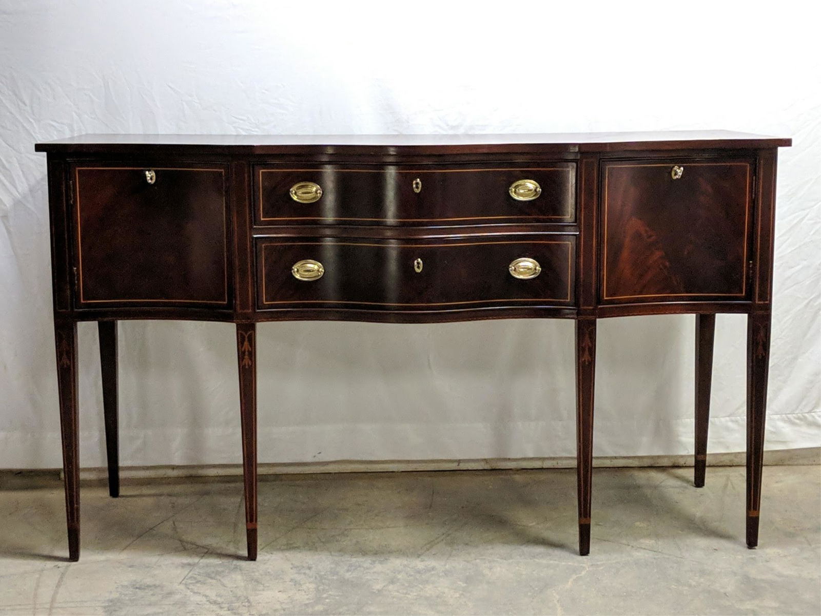 Flame Grain Mahogany Hickory White side board: on tall tapered legs The American Masterpiece Collection 2 concave doors and 2 drawers 66" W x 24" D x 38 1/4" T