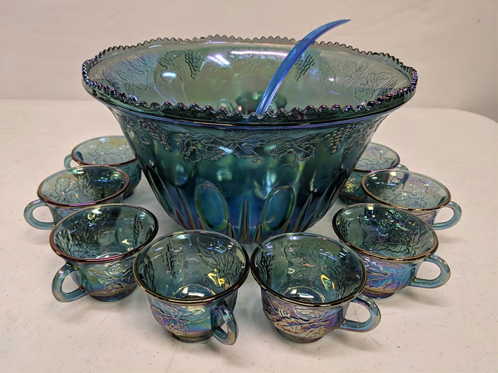 Blue Irridescent carnival glass punch bowl set (1 of 4)