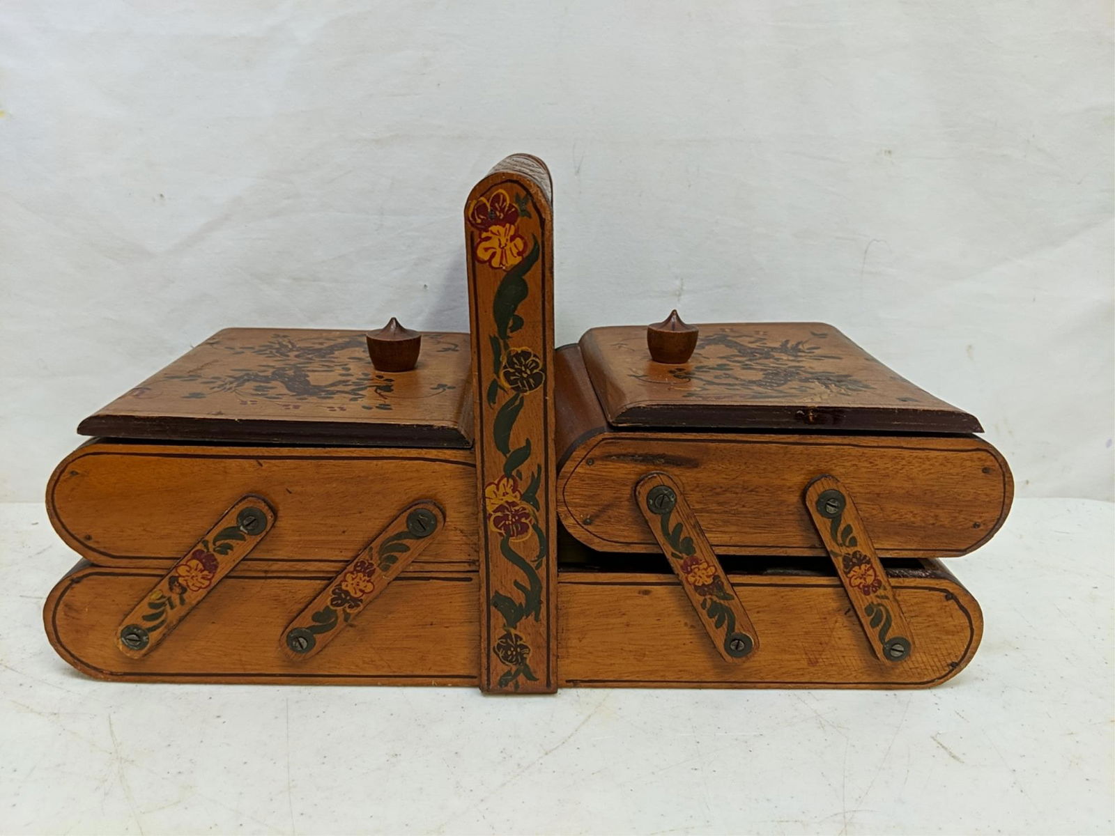 sm. antique hand painted 2 tier sewing box (1 of 4)