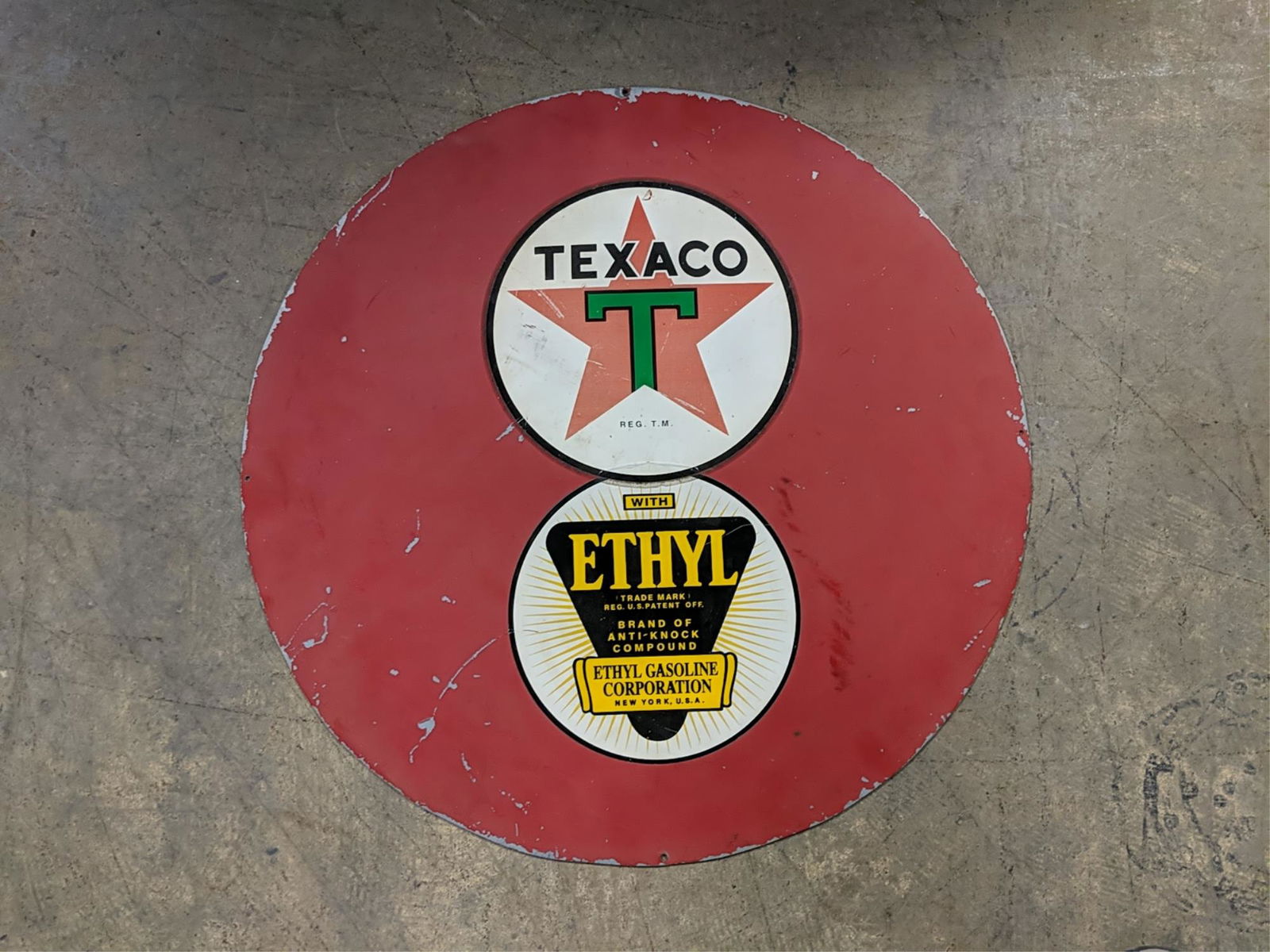 Round metal decaled Texaco Ethyl Sign (1 of 2)