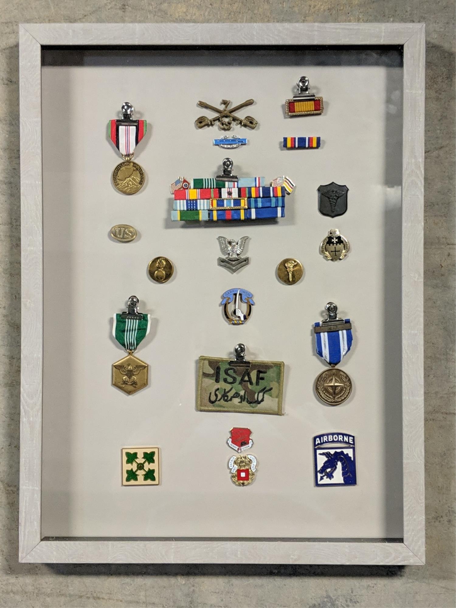 Collage of Military metals: 15" W x 20" T Airborne CS swords Afganistan Desert Storm and more