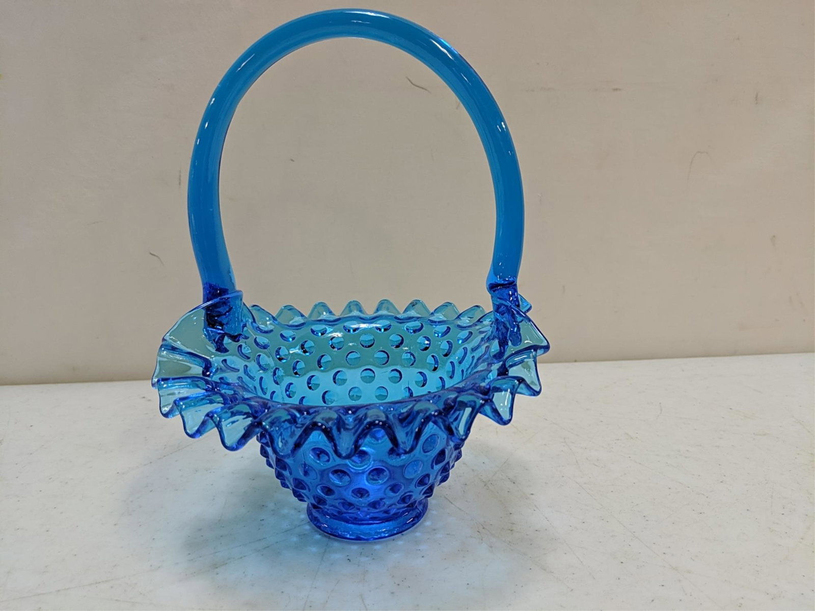 Fenton Colonial Blue Hobnail ruffle edge basket: applied handle good condition 8 1/4" T x 6 1/2" dia