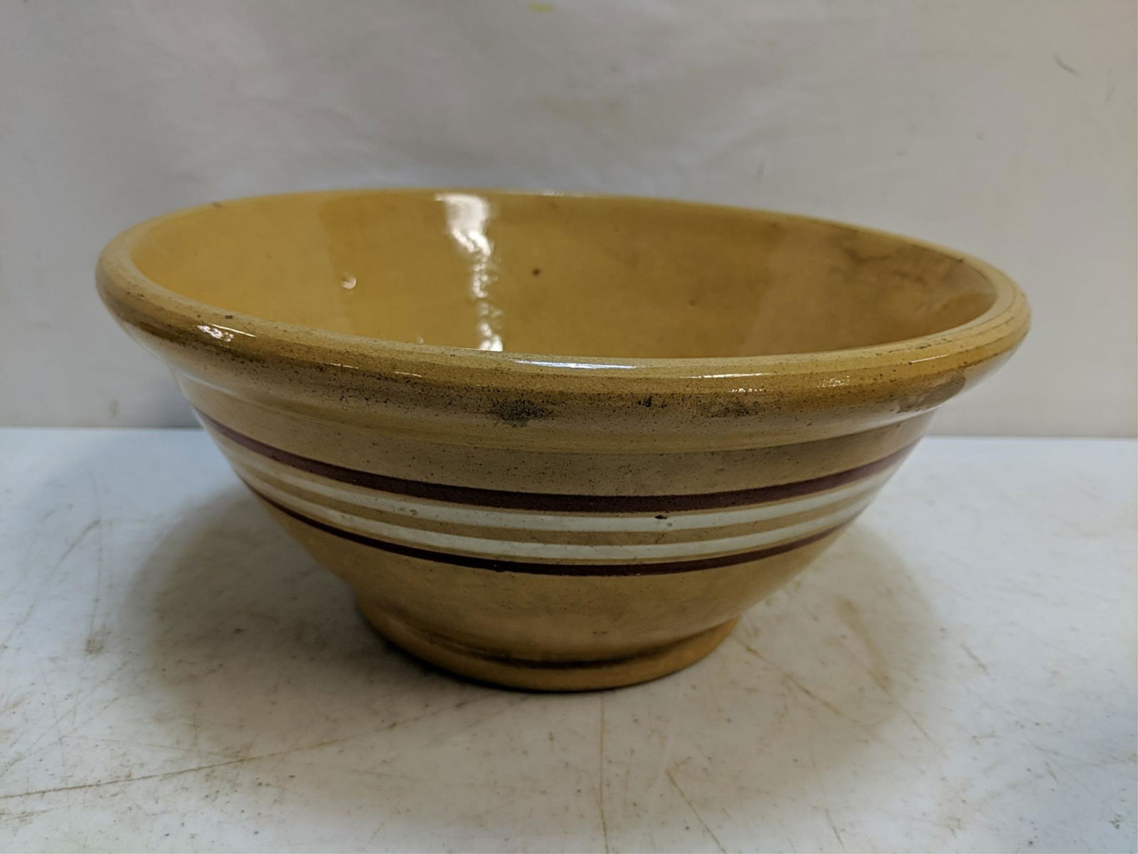 large antique yellow ware striped mixing bowl (1 of 2)
