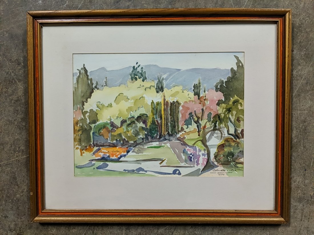 Impressionist Water color by Calinette Cotton: painting is of Hobart Botanical Garden in Australia double signed by artist and dated 8/3/88 22 " x 18" overall