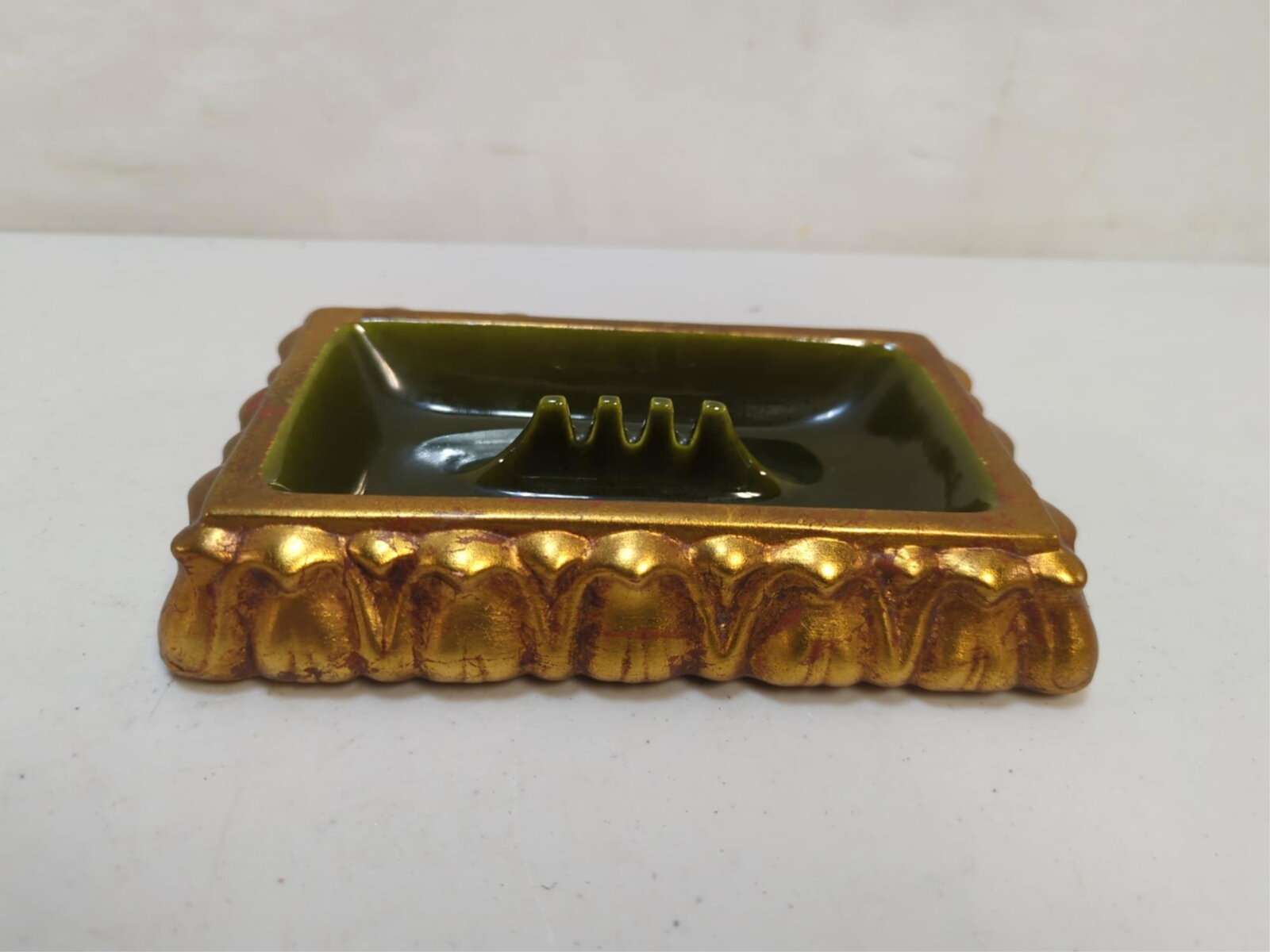 mid century modern gold and green ashtray: 8" x 5 "