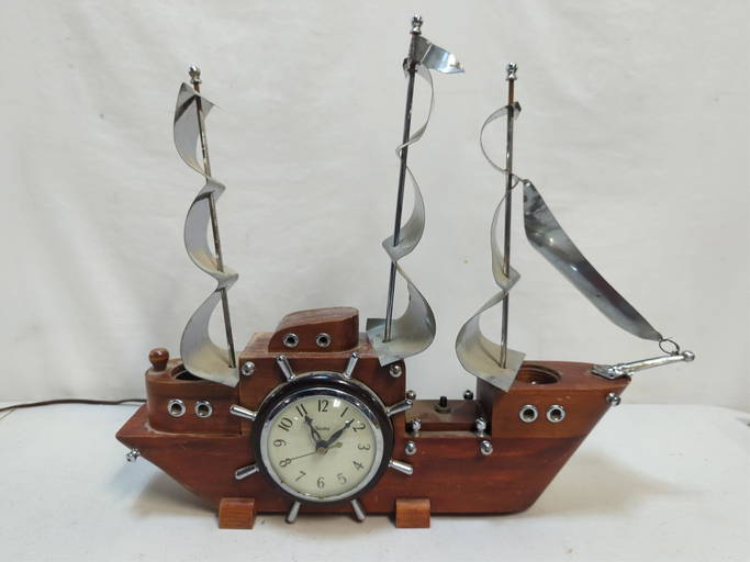 Vintage Ship Clock Wood With Metal Sails