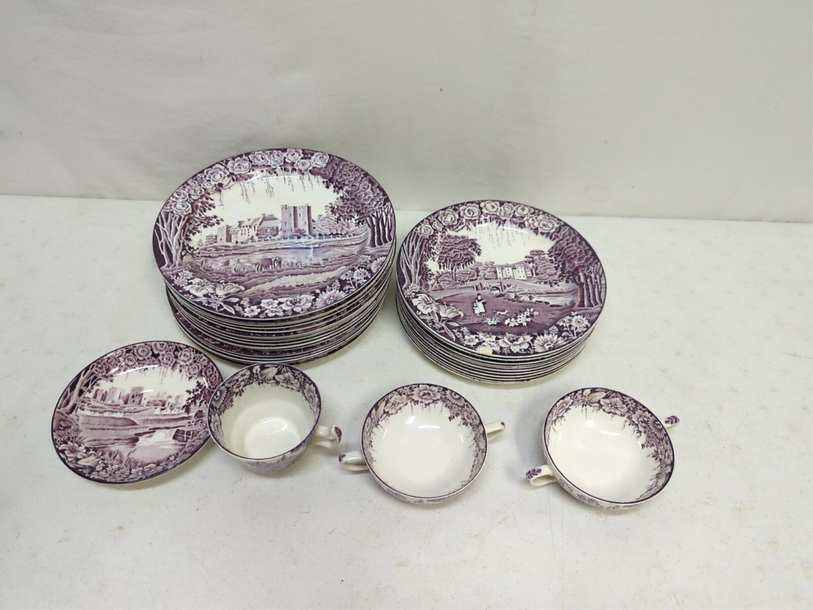 30 pcs. Enoch Woods, Castles China: Woodsware, Wood & Sons , England 11 Lunch plates (9"), 16 dinner plates (10"), 1 Tea cup with saucer and 2 double handled cups small chip on tea cup