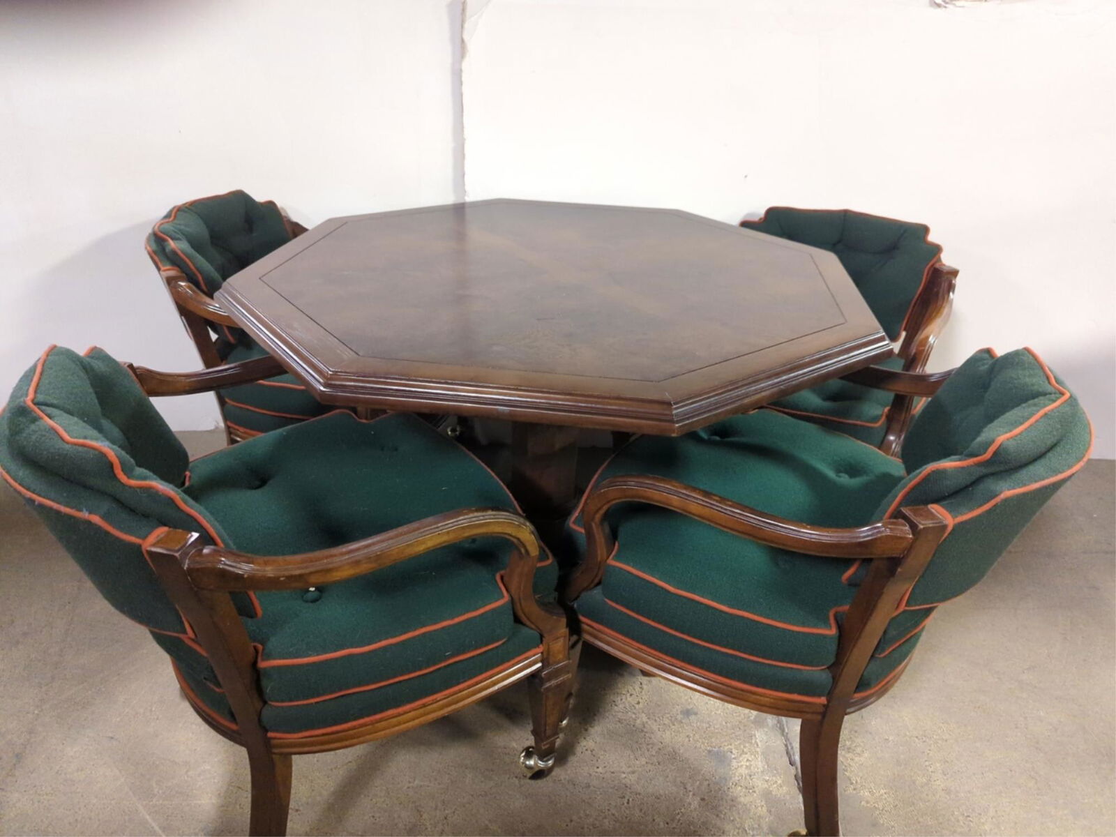 vintage Oak Game table with 4 Hekman chairs: 45" octagonal table 4 upholstered captain chairs good condition