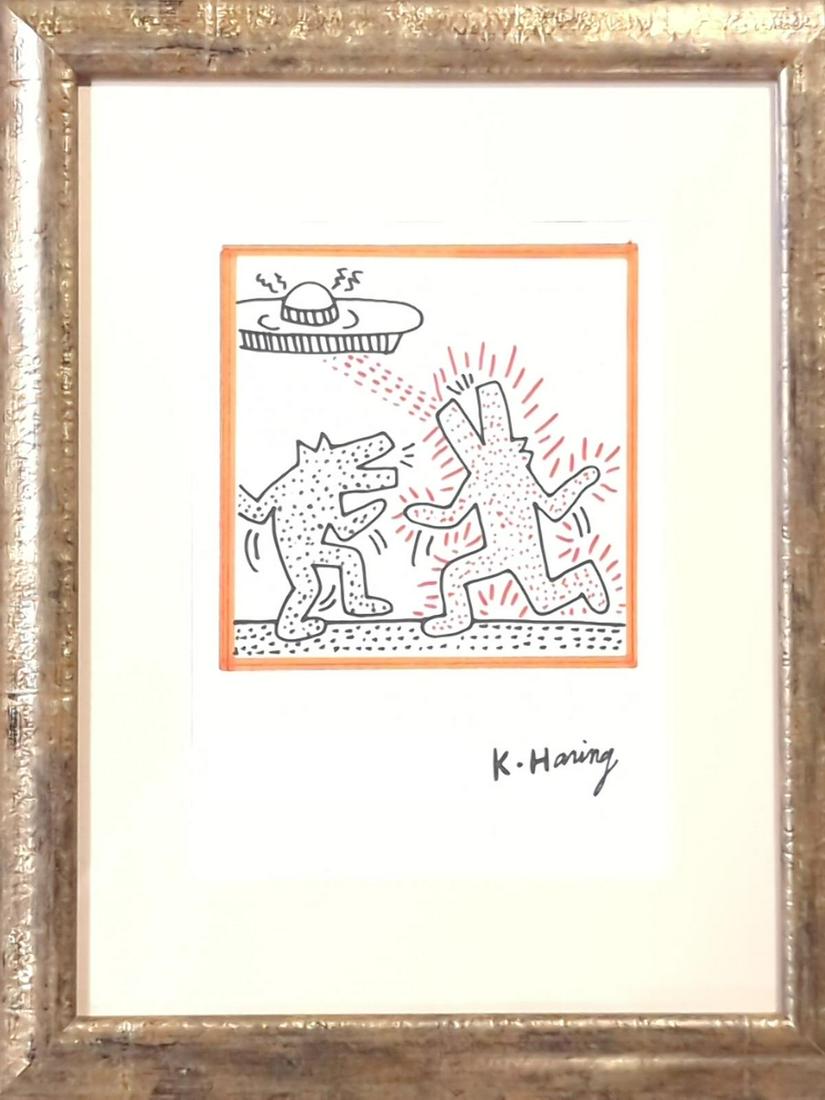 Keith Haring Dog & Man hand painted and signed on paper (1 of 3)