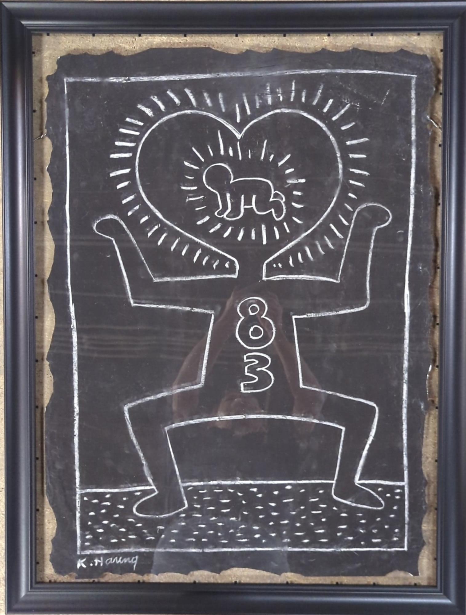 Keith Haring Subway Series chalk on black paper: Attributed to Keith Haring drawn after / in the manner of Haring 32" x 42" T