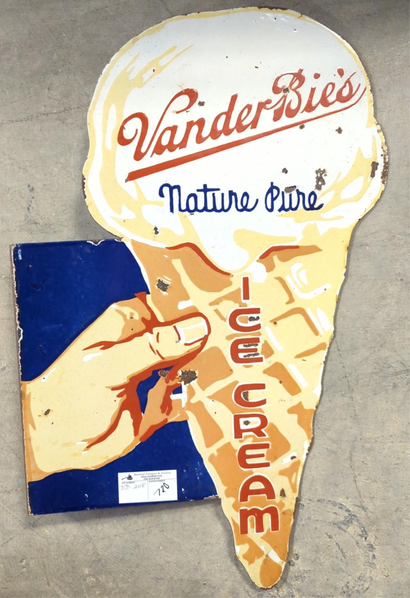 Porcelain Vanderbies Ice Cream Flange Sign: Double Sided some porcelain missing at flange some dings to interior and perimeter with corrosion 28" T x 18" W