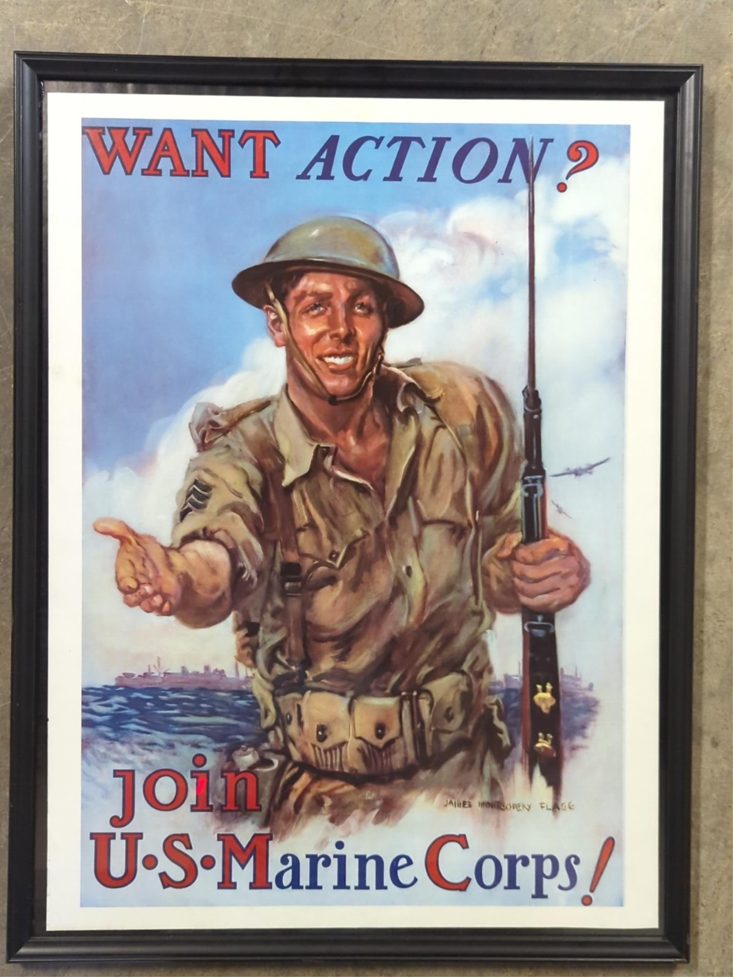 Early WWII colorful USMC Recruitment poster: "Want Action?" Join U.S. Marine Corps! by James Montgomery Flass Quality reproduction framed 24 3/4" x 32 3/4" overall
