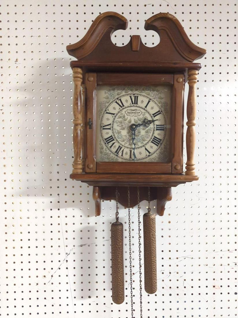New England Clock Co. weight driven wall clock: NO pendulum 22" t x 13 1/2" W x 7 1/2" T some finish worn off wood front side all clocks are sold as is