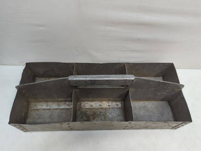 Handmade metal tool carrier: 20 1/4" L x 7" T x 8" W used condition