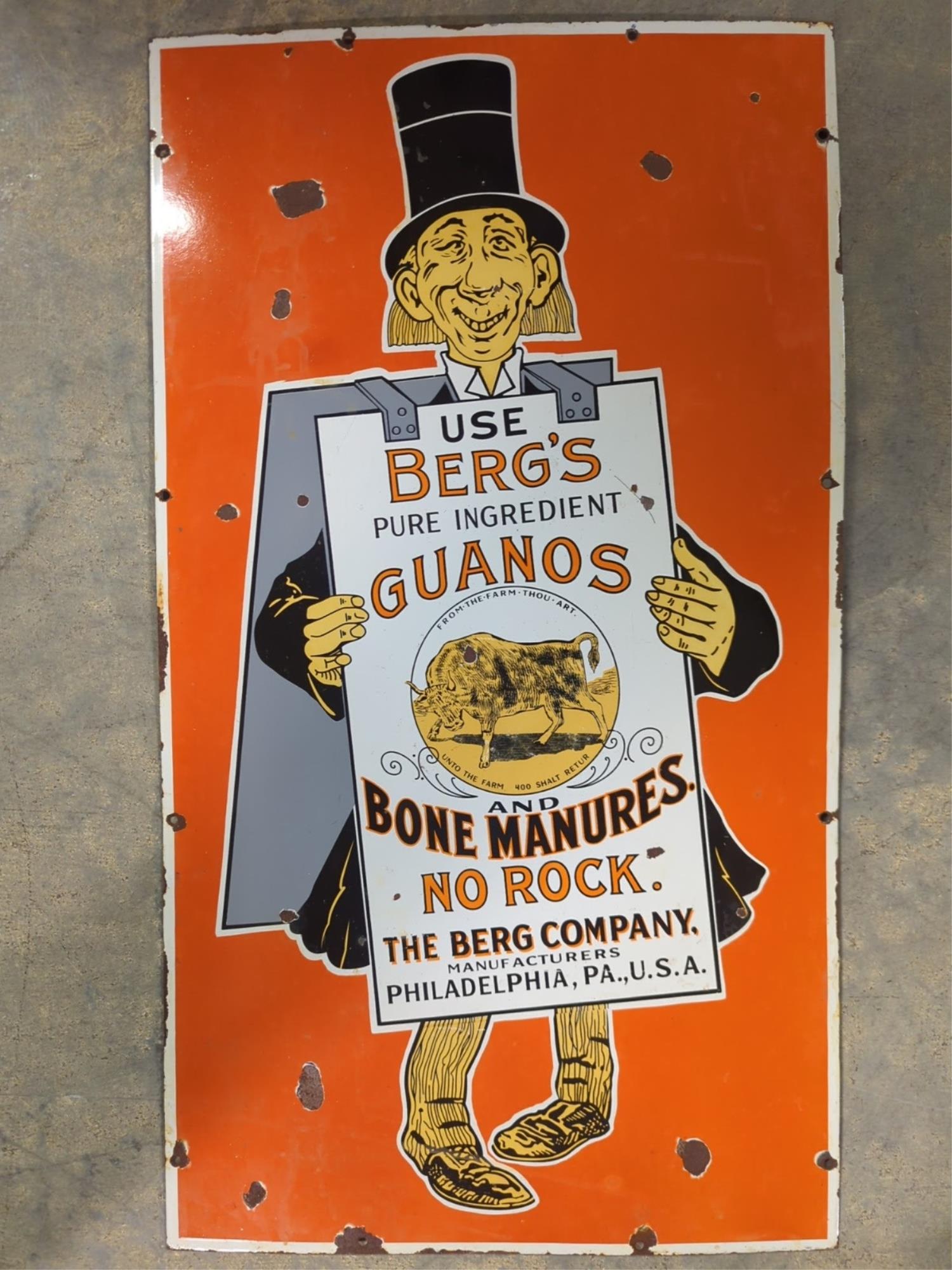 Use Bergs Pure Ingredient Porcelain sign: Single sided 20" W x 36" T some large dings to porcelain on interior and some smaller one on perimeter with some rust and corrosion
