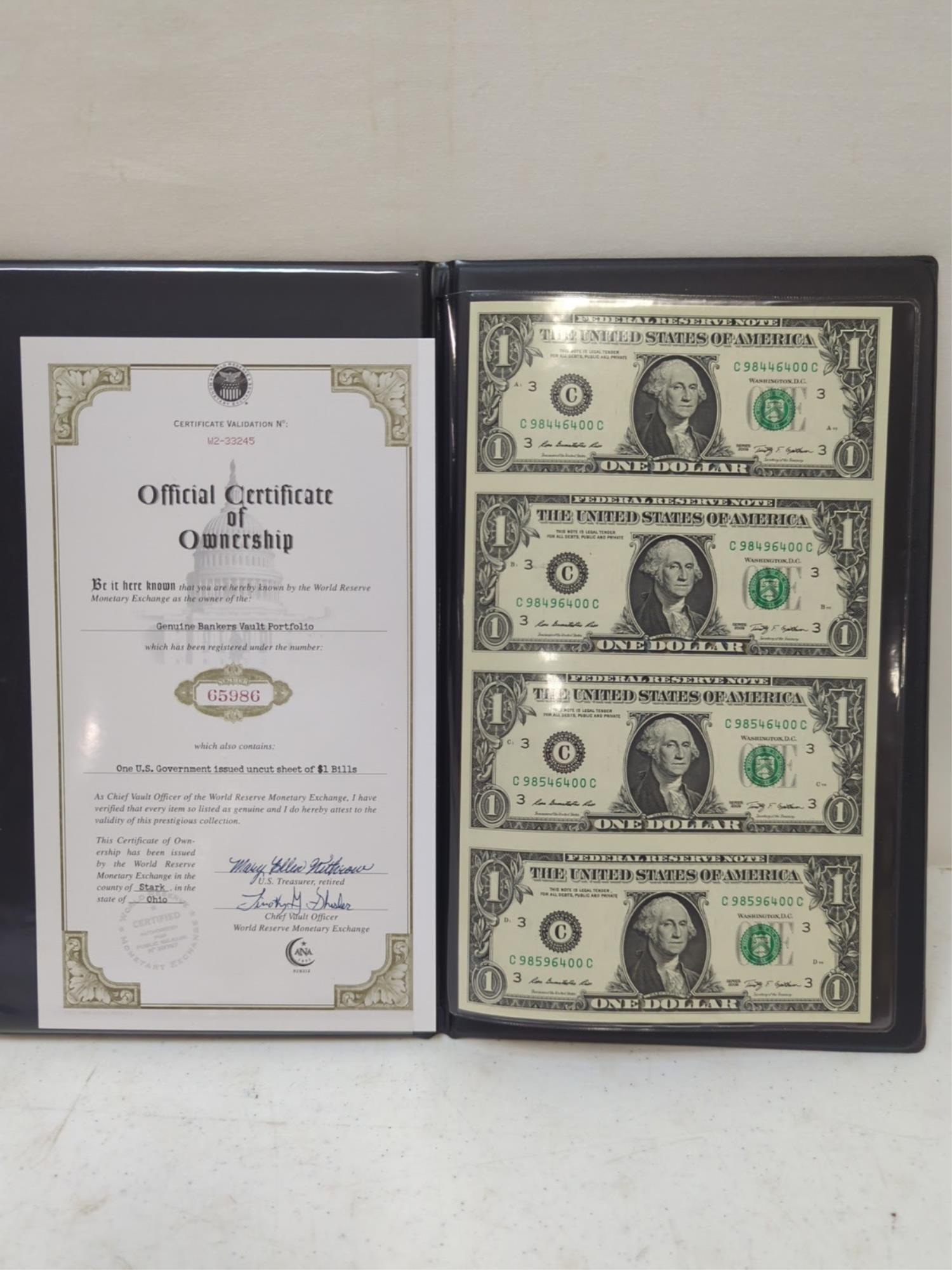 2009 U.S. Government issued uncut sheet $1 bill: 4 bills to a page