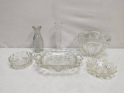 6 assorted pieces of vintage clear glass: 1 piece is a Lenox budvase and is 8 1/4" T with butterfly design, footed flat bowl, Nappy, Berry bowl and bowl with rose design