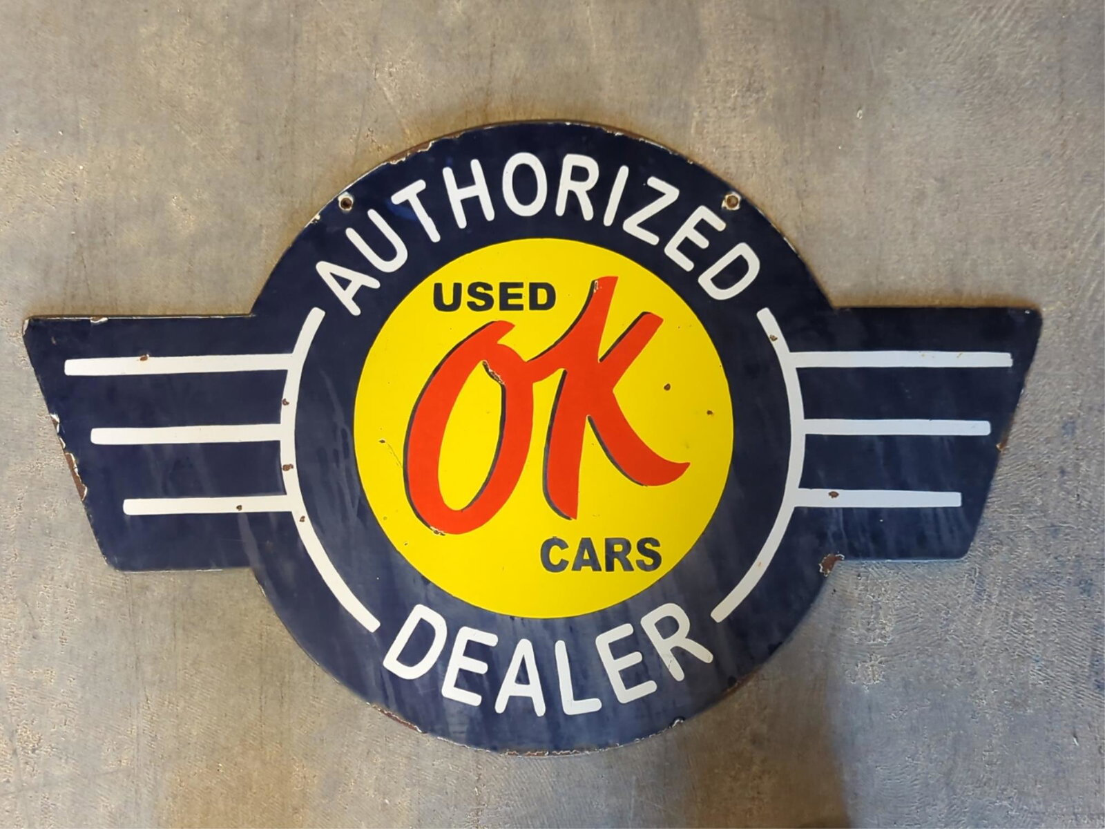 24" O.K. Used Cars Dealer Porcelain Sign: double sided 24" x 21" T
