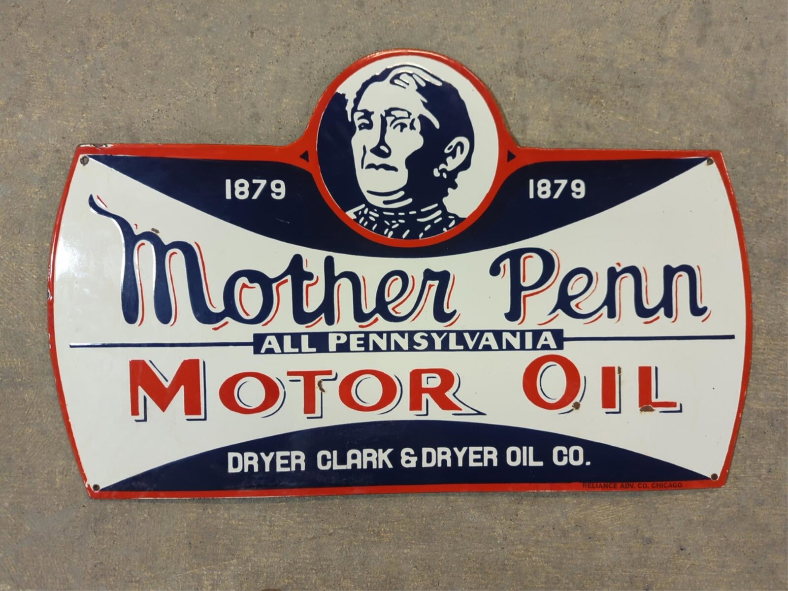 Porcelain Mother Penn Motor Oil sign: single sided minor dings on perimeter some rust and corrosion 28" w x 17 9/16" T