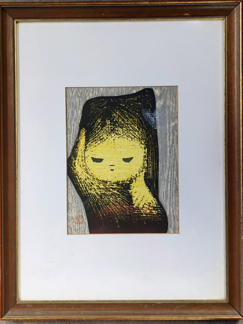 Kaoru Kawano 1950's wood block print: Girl and Butterfly pencil signed and sealed lower Left