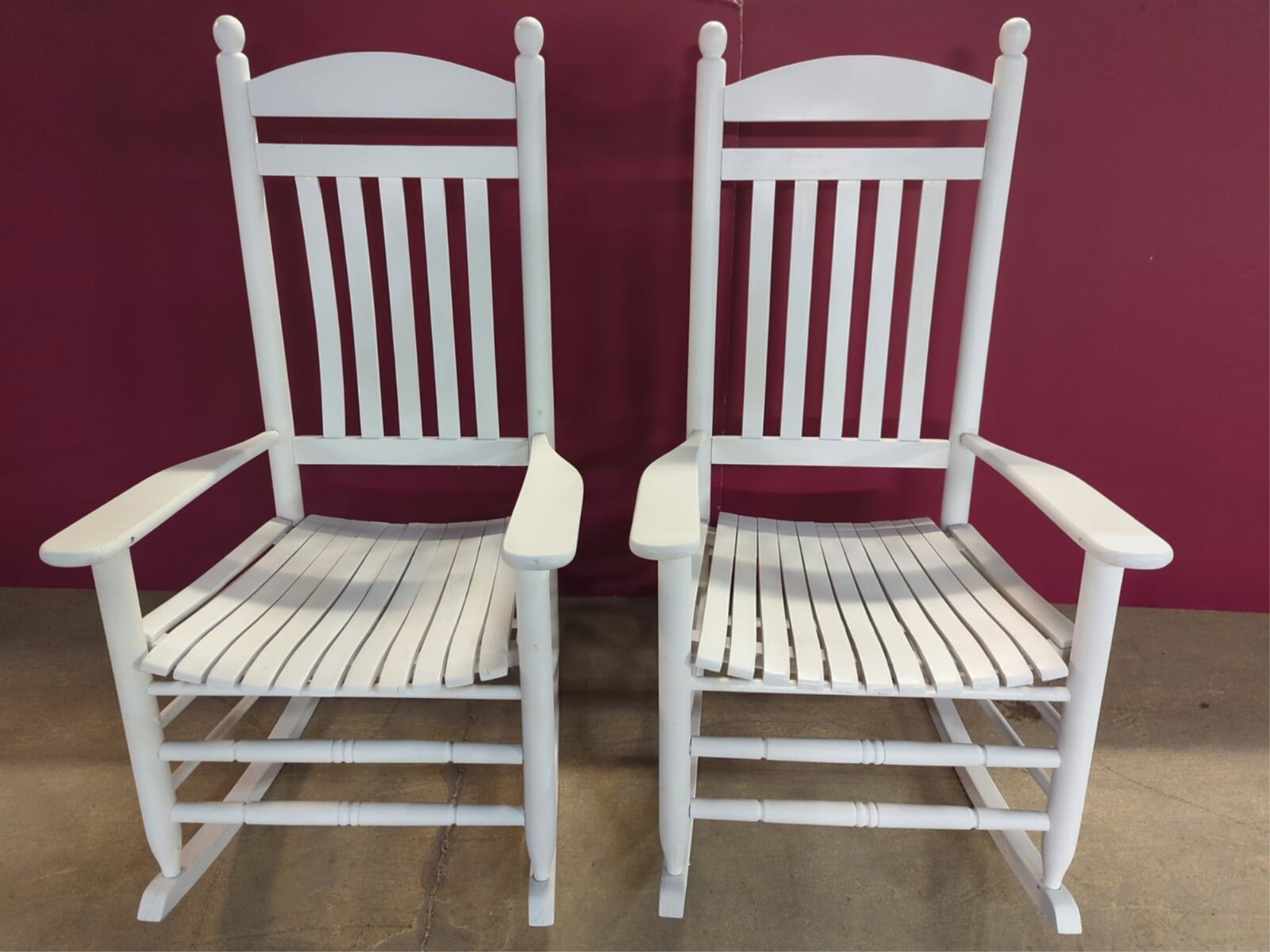 Two White Wooden Porch Rockers: They come with cushions good condition 27" w x 46" T x 21" D