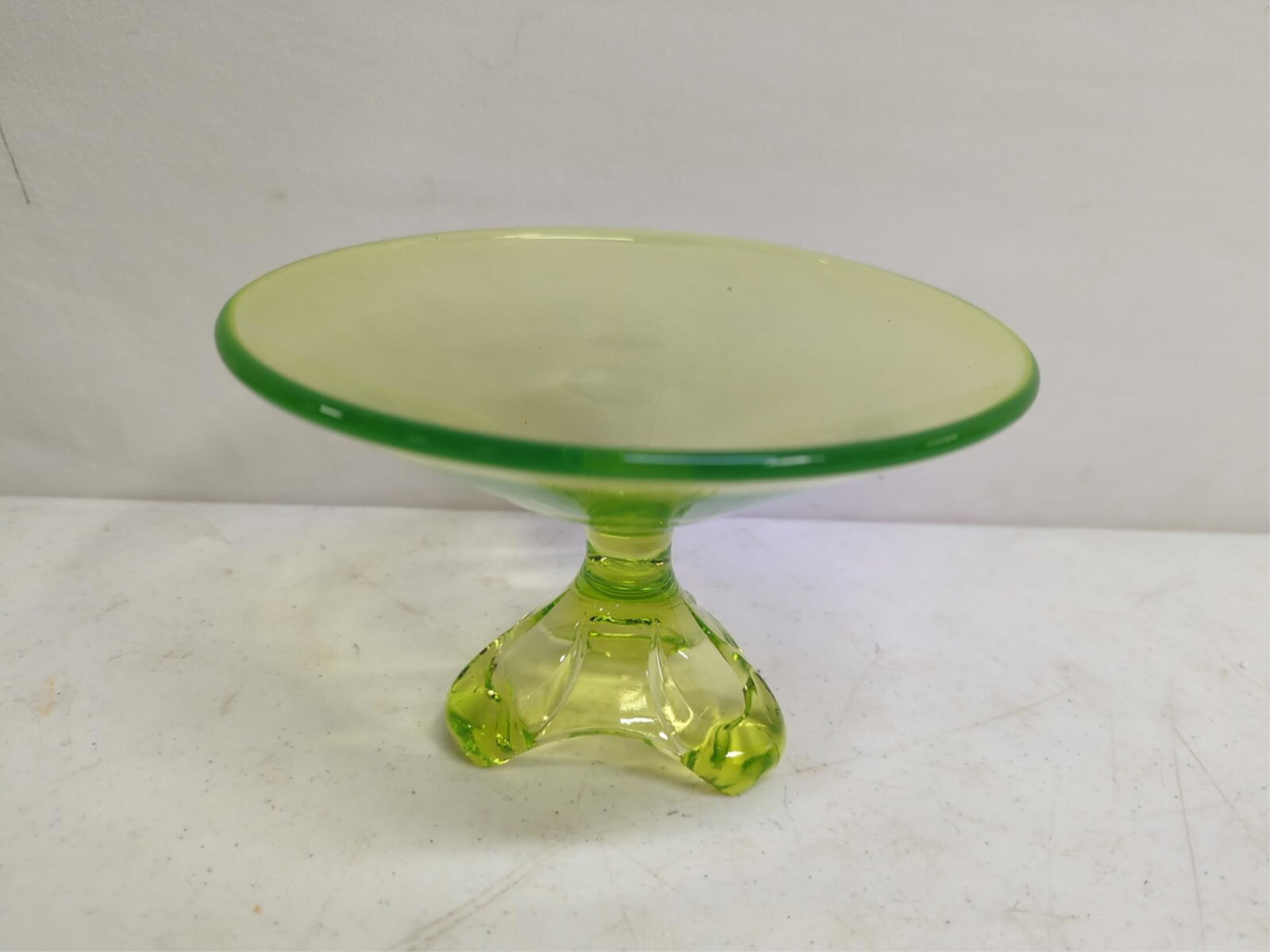 Elegant Vaseline art glass footed compote: 6 3/4" D x 4 1/2" T unmarked